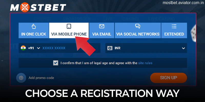 Choose a registration method at Mostbet to play Aviator